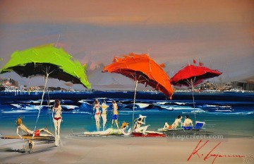 beauties under umbrellas at beach Kal Gajoum Oil Paintings